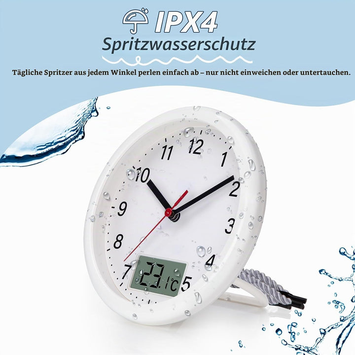 VIVILINEN Badezimmeruhr mit Temperaturanzeige Wanduhr ohne Tickgeräusche Küchenuhr mit Hängeband &amp; S