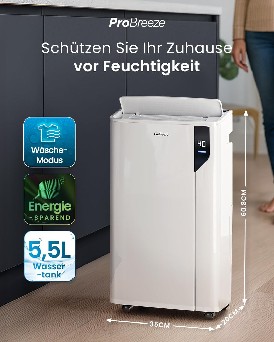 Pro Breeze Luftentfeuchter 20L in 24h Entfeuchtungsleistung - Luftentfeuchter elektrisch mit Wäschem