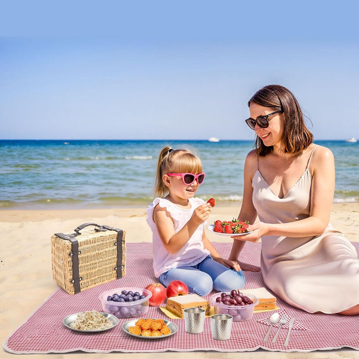 Weiden-Picknickkorb für 2 Personen, Weidenkorb mit Wasserfester Picknickdecke und Besteckset, Pickni