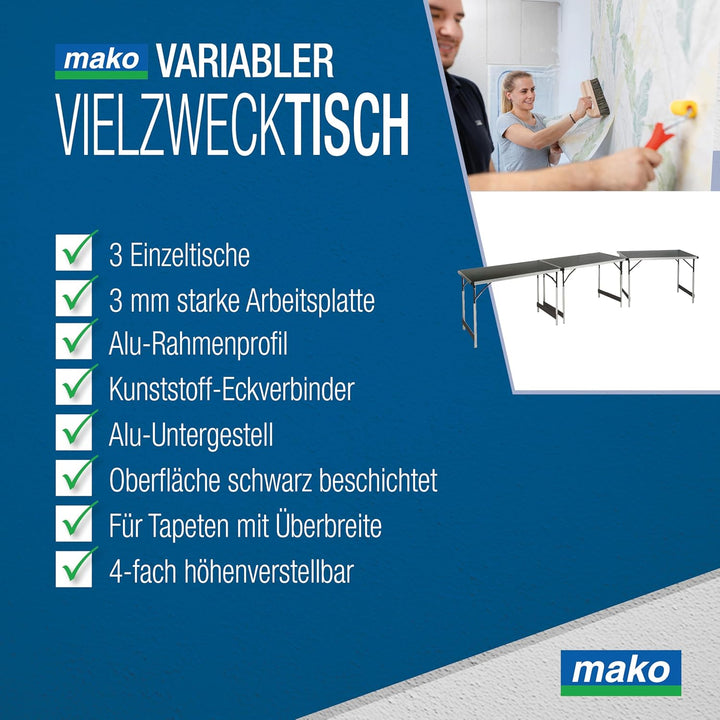 mako Tapeziertisch Profi, 3er-Set – Höhenverstellbarer Multifunktionstisch mit Alu-Rahmen, robuster