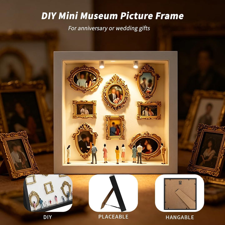 DIY Mini Museum Silhouette Box, RosyFate Mini Museum Bilderrahmen mit Lichtern, 8 Goldenen Mini Rahm