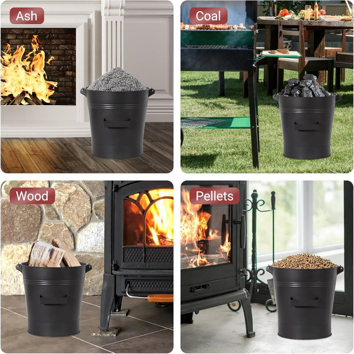 Todeco Ascheeimer Metall 19 L mit Deckel, Schaufel & Bürste, Hitzebeständiger, Holzgriff, Für Kamin,