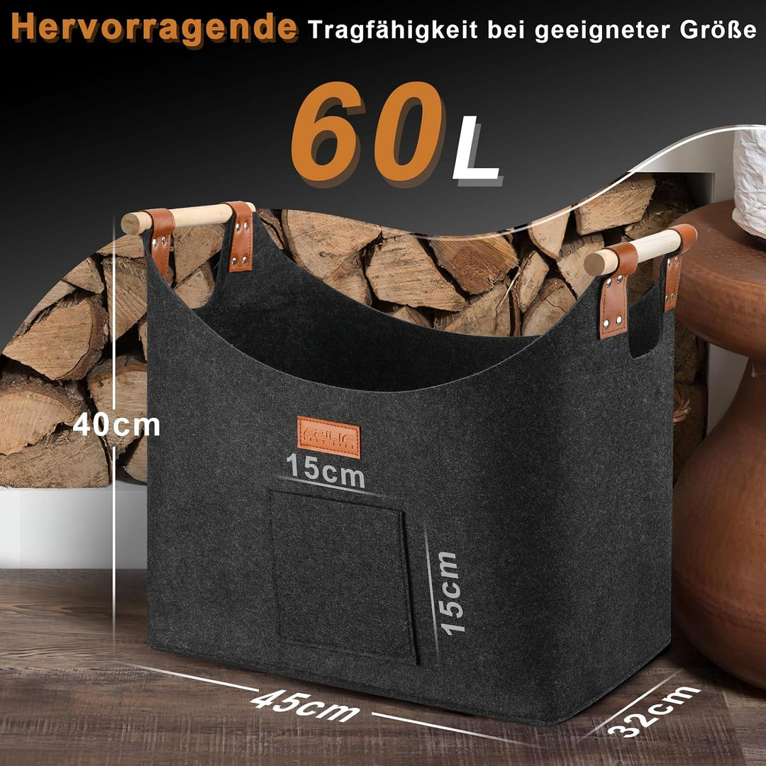 Holzkorb für Kaminholz XL mit Doppelt Verstärkten Leder 45x32x40 cm | Kaminholzkorb Gross aus Filz 6