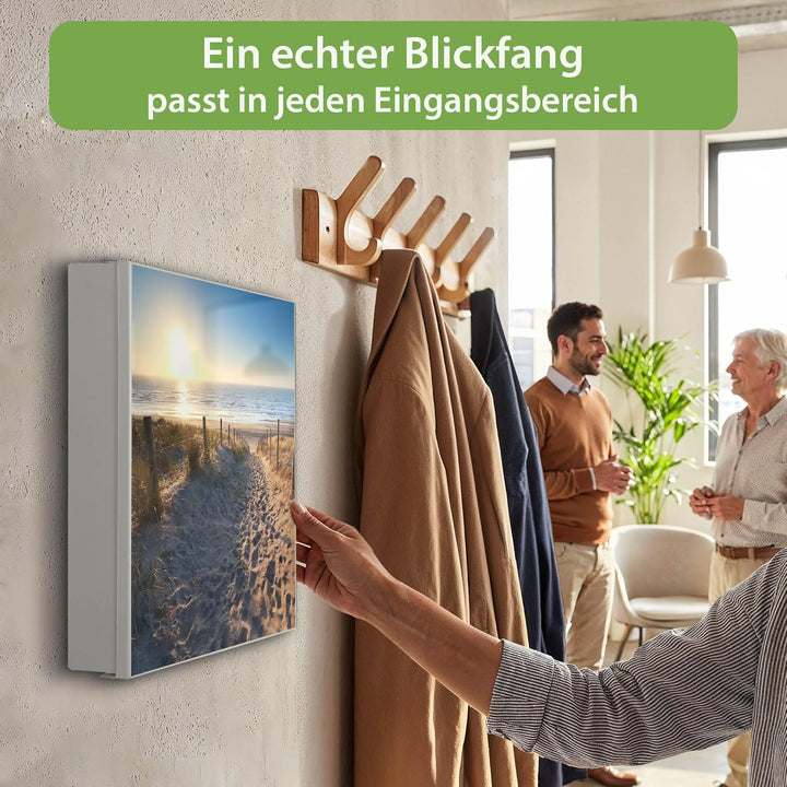 banjado® Grosser Schlüsselkasten Glas/Schlüsselbox 30cm x 30cm mit 50 Haken - Motiv Nordseestrand/Sc
