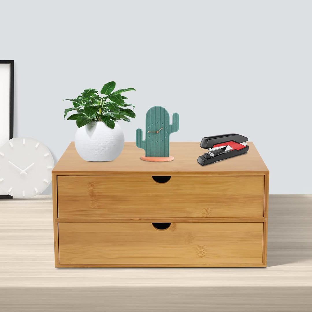 Schreibtisch Organizer Bambus | 2 Schubladen Aufbewahrungsbox | Natur Holzoptik | Tischablage für Bü