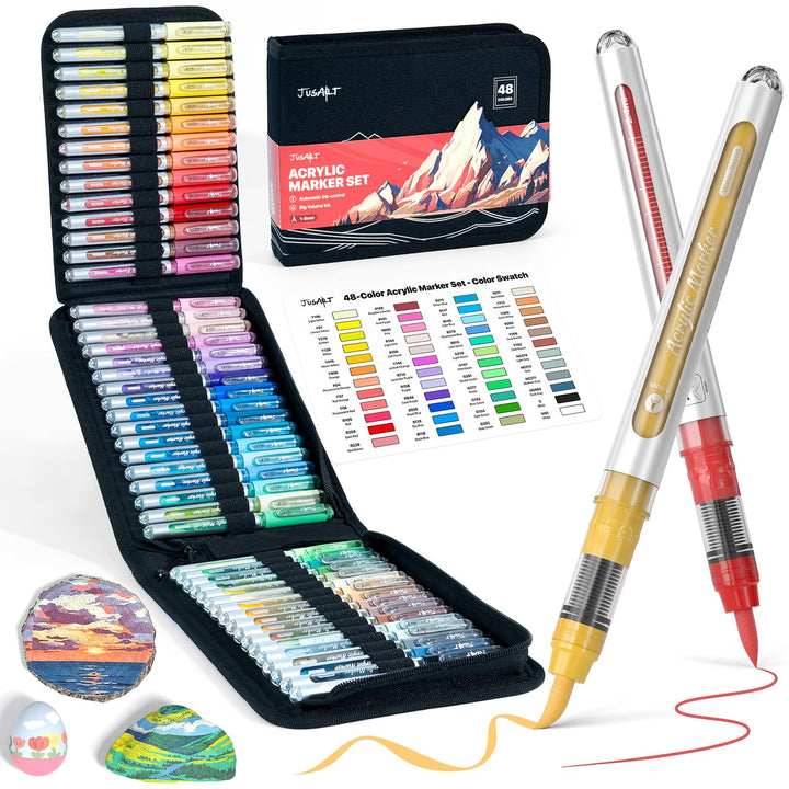 JusArt 48 Farben Acrylfarben Marker mit Segeltuchtasche - Wasserbasierte No-Bleed Paint Pens mit aut