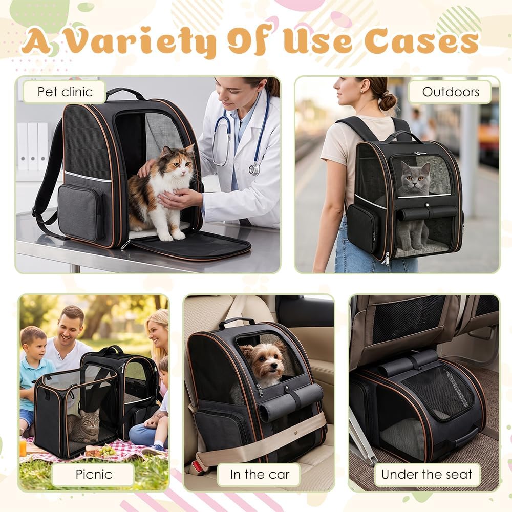 Erweiterbar Katzenrucksack Hunderucksack für Katzen Hunde bis 7kg, Schwarz | Katzentransporttasche m