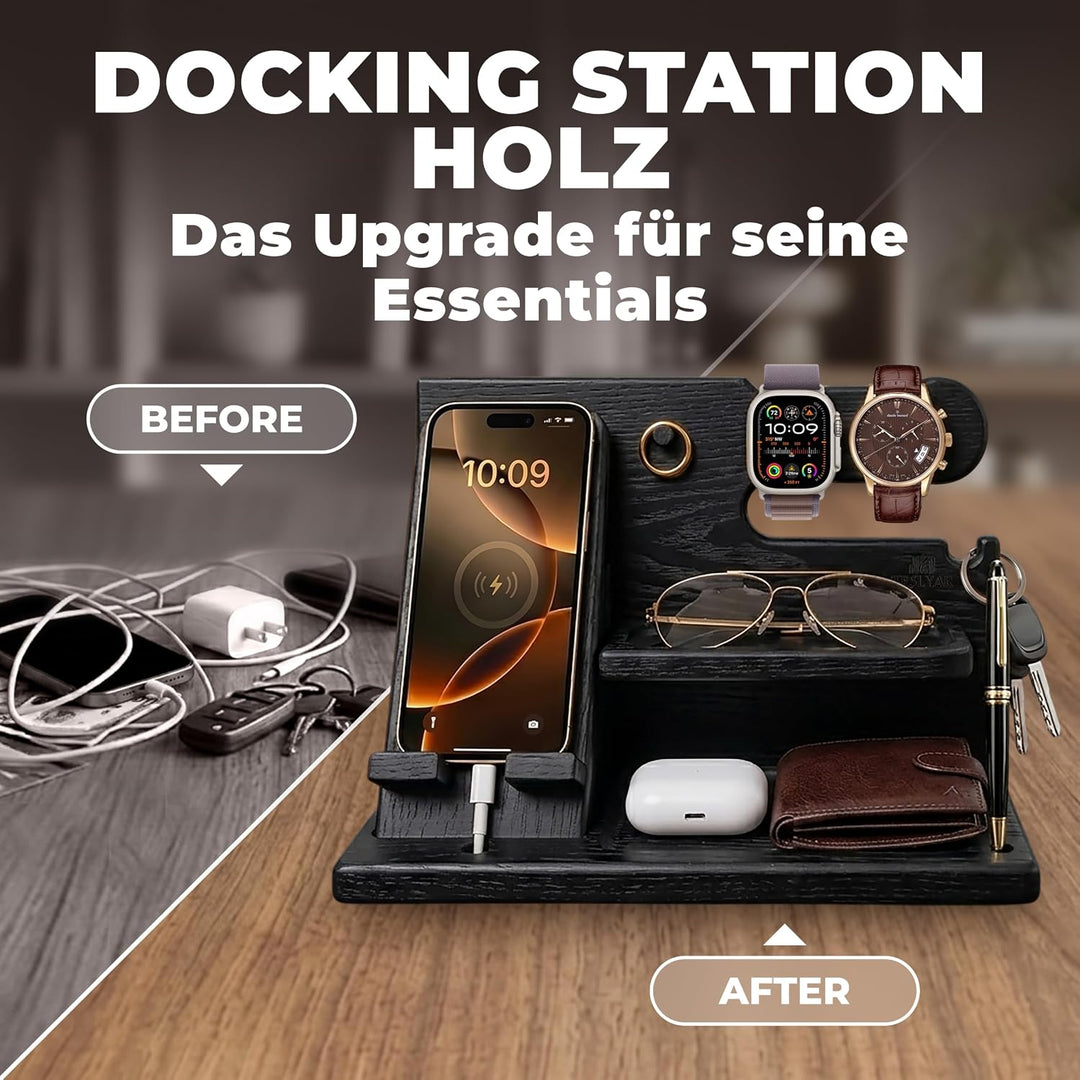 TESLYAR Männer Docking Station &amp; Schreibtisch Organizer Holz mit Handyständer Schwarz für Büro Aufbe