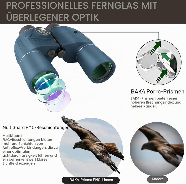 10x50 Marine Fernglas,Fernglas mit Nachtsicht Entfernungsmesser und Kompass, für Wassersport-Enthusi