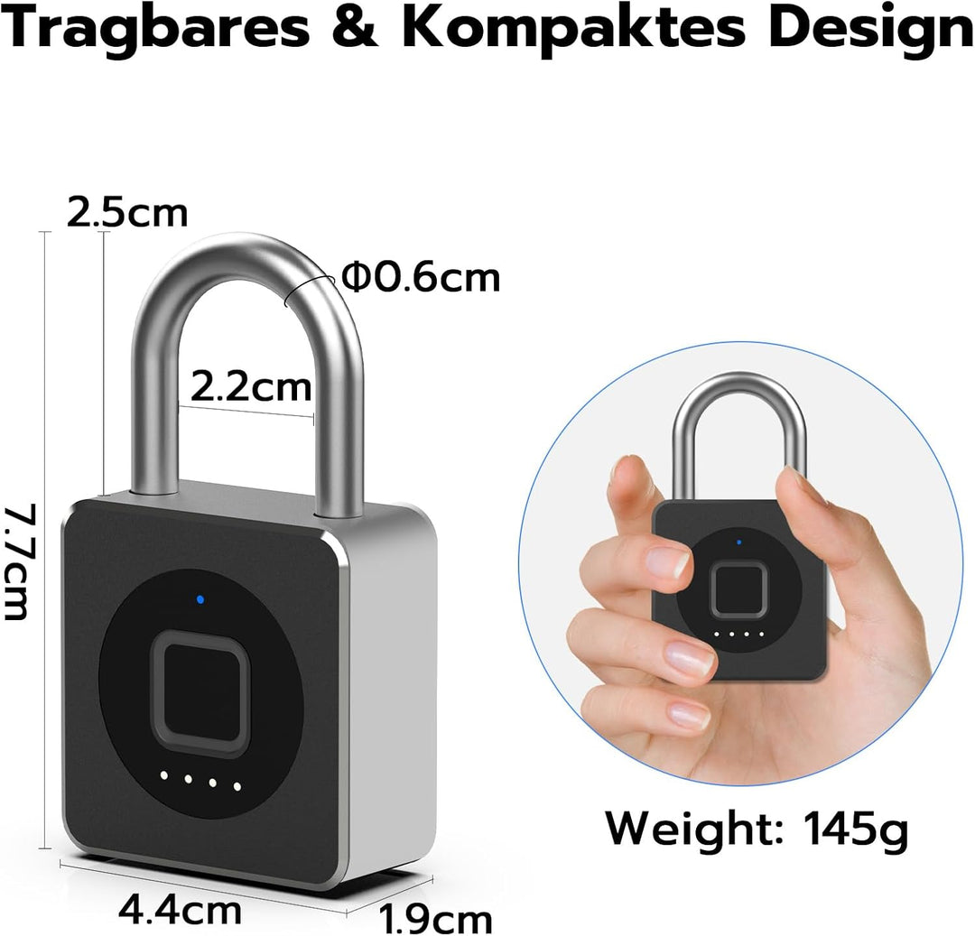 Eseesmart Vorhängeschloss Fingerabdruck, Fingerabdruck Schloss mit Bluetooth, USB Wiederaufladbar Vo
