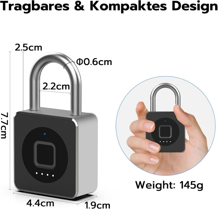 Eseesmart Vorhängeschloss Fingerabdruck, Fingerabdruck Schloss mit Bluetooth, USB Wiederaufladbar Vo