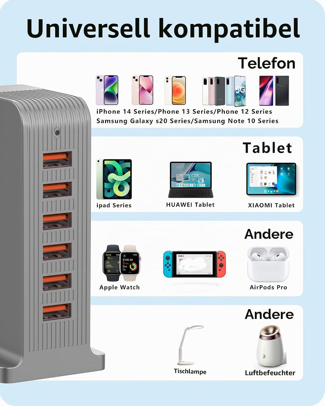 50W USB Ladegerät Mehrfach 6 Port USB Netzteile Handy Ladestation Steckdose für iPhone 15/14/13/12 P