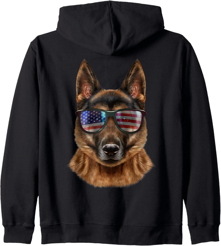 Hund, die Flagge der USA-Themensonnenbrille trägt Kapuzenjacke