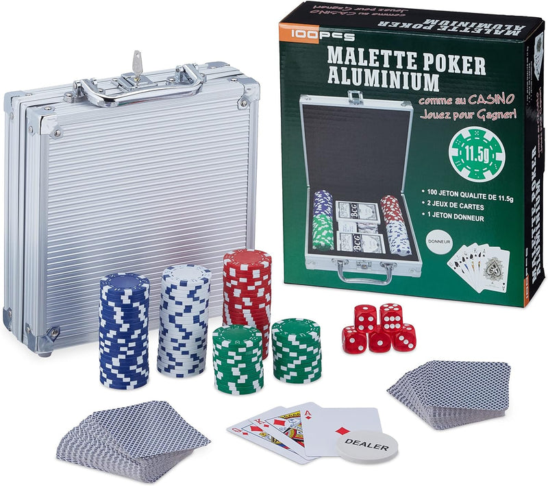 Relaxdays Pokerkoffer, 100 Pokerchips ohne Wert, 2 Kartendecks, 5 Würfel, Dealer-Button, Pokerset, a