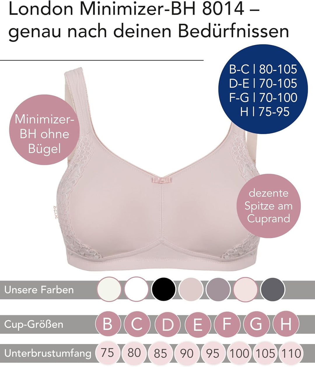 SUSA BH ohne Bügel I Minimizer BH mit seitlich am Cup angebrachter Spitze I Bügelloser BH mit breite
