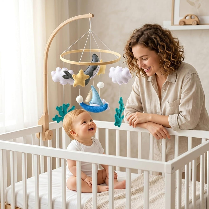 Mobile Baby Meerestiere Segelboot Babybett Windspiel, Muschel Wal Filz Bettglocke Wickeltisch Mobile