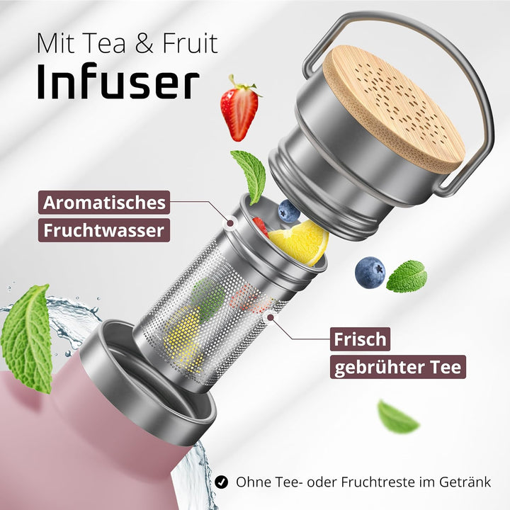 Trinkflasche Edelstahl mit Strohhalm, Infuser + 3 Deckel: BPA-frei, Auslaufsicher, Kohlensäure geeig