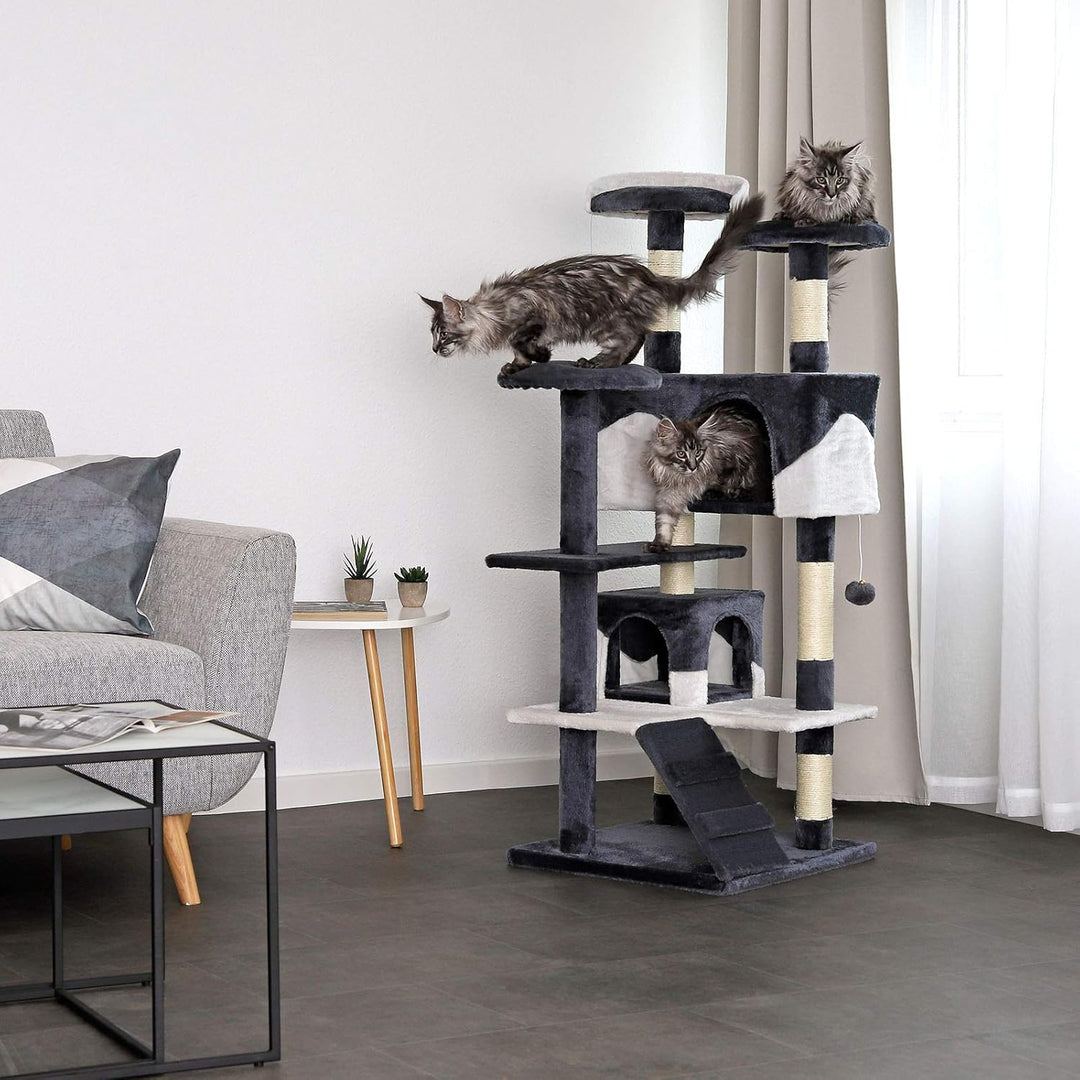 lionto Kratzbaum für Katzen mit 2 Plüschbällen & 3 Plattformen, Höhe 130 cm, Katzenbaum mit Sisal &