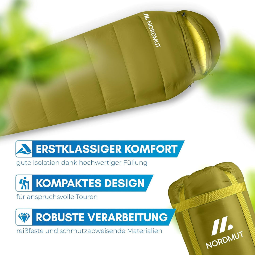 NORDMUT® Schlafsack Erwachsene – kleines Packmass & Ultraleicht (900/1500g) – 3-Jahreszeiten (250 GS