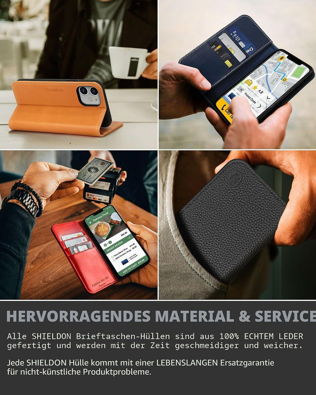 SHIELDON iPhone 12 Hülle, iPhone 12 Pro Handyhülle [Echtleder] [RFID-Sperre] [Kartenfach] [Magnet] [