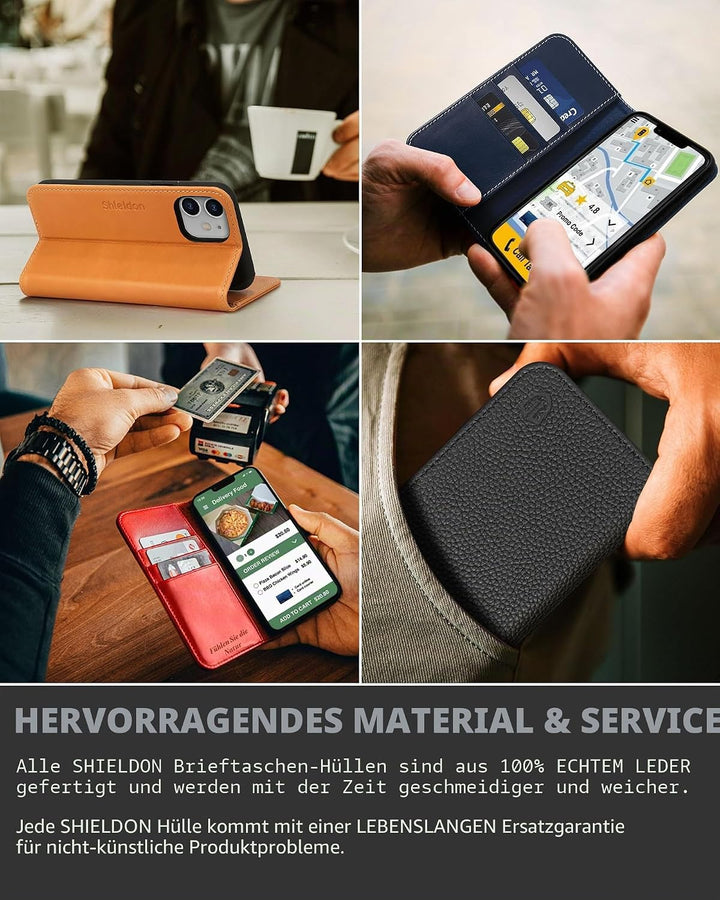 SHIELDON iPhone 12 Hülle, iPhone 12 Pro Handyhülle [Echtleder] [RFID-Sperre] [Kartenfach] [Magnet] [