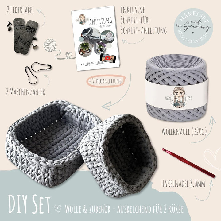 Häkelset für Anfänger - kleiner Korb, Häkelset Anfänger, Textilgarn zum Häkeln, Crochet Set, Körbe H