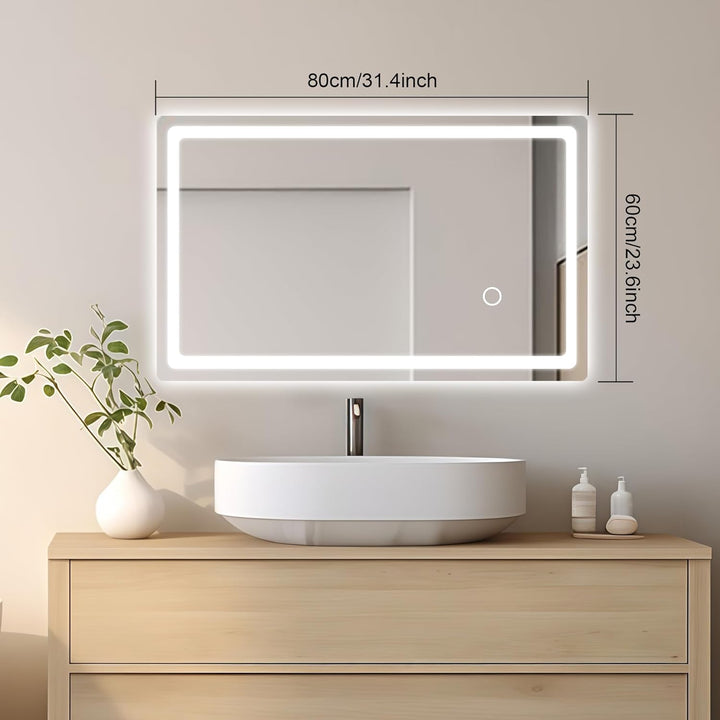 Badspiegel mit Beleuchtung, 60x80cm LED Badezimmerspiegel mit Stecker, Spiegel mit Licht für das Bad