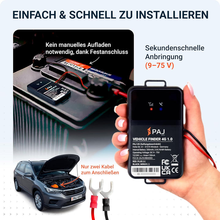 PAJ GPS Tracker Vehicle Finder 4G 1.0 - Direktanschluss an 9-75V Fahrzeugbatterie - GPS Peilsender A
