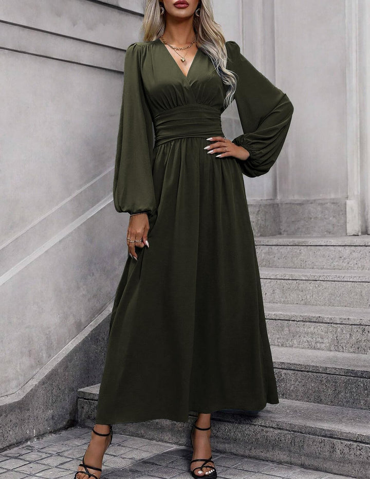 Damen Kleid 2.0 Elegant Langarm V-Ausschnit Tunika Maxikleider Casual Hohe Taille Saumschlitz Cockta