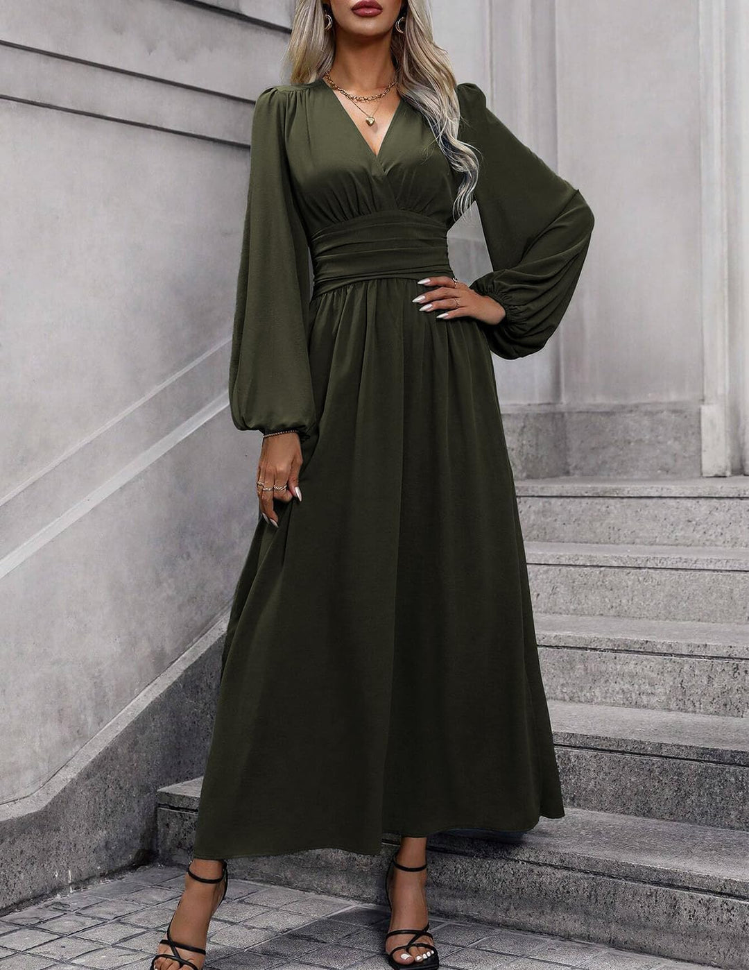 Damen Kleid 2.0 Elegant Langarm V-Ausschnit Tunika Maxikleider Casual Hohe Taille Saumschlitz Cockta