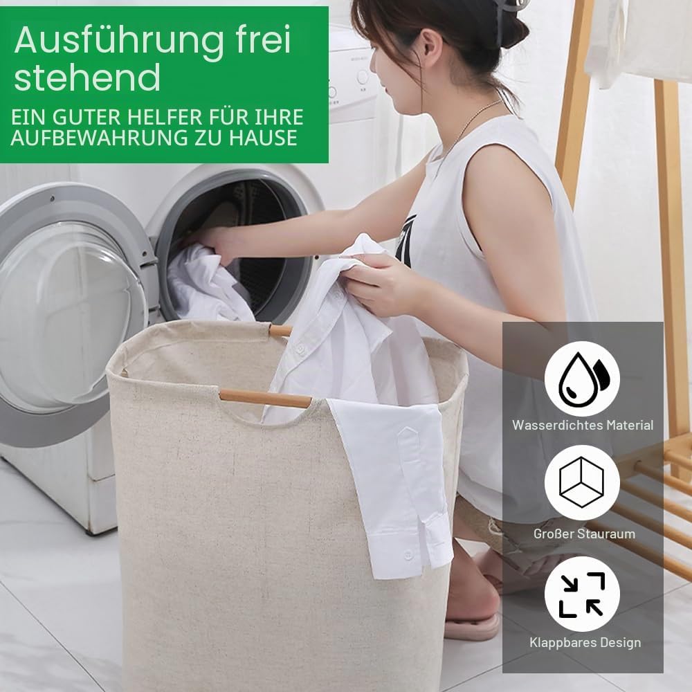 Wäschekorb Faltbar Beige Wäschesack Wäschesammler 60L Körbe Aufbewahrung Wäsche mit Henkel Wasserdic