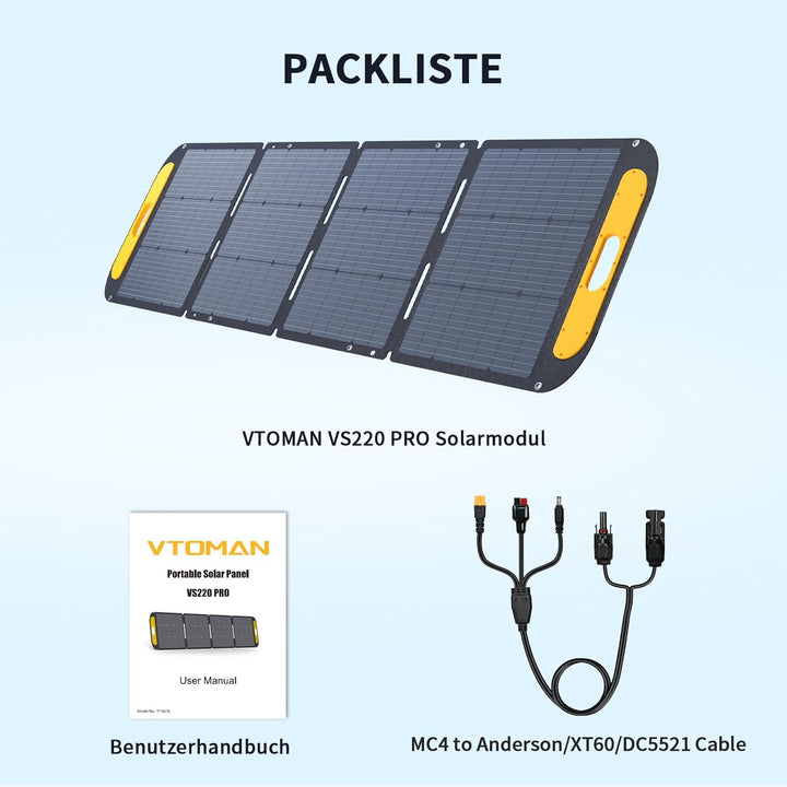 VTOMAN VS220 Pro tragbares Solarpanel 220W 48V, 23% Effizienz, faltbares Solarpanel mit IP67 wasserd