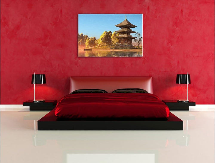 Pixxprint prachtvoller asiatischer Tempel an See Kunst Buntstift Effekt, Format: 100x70 auf Leinwand