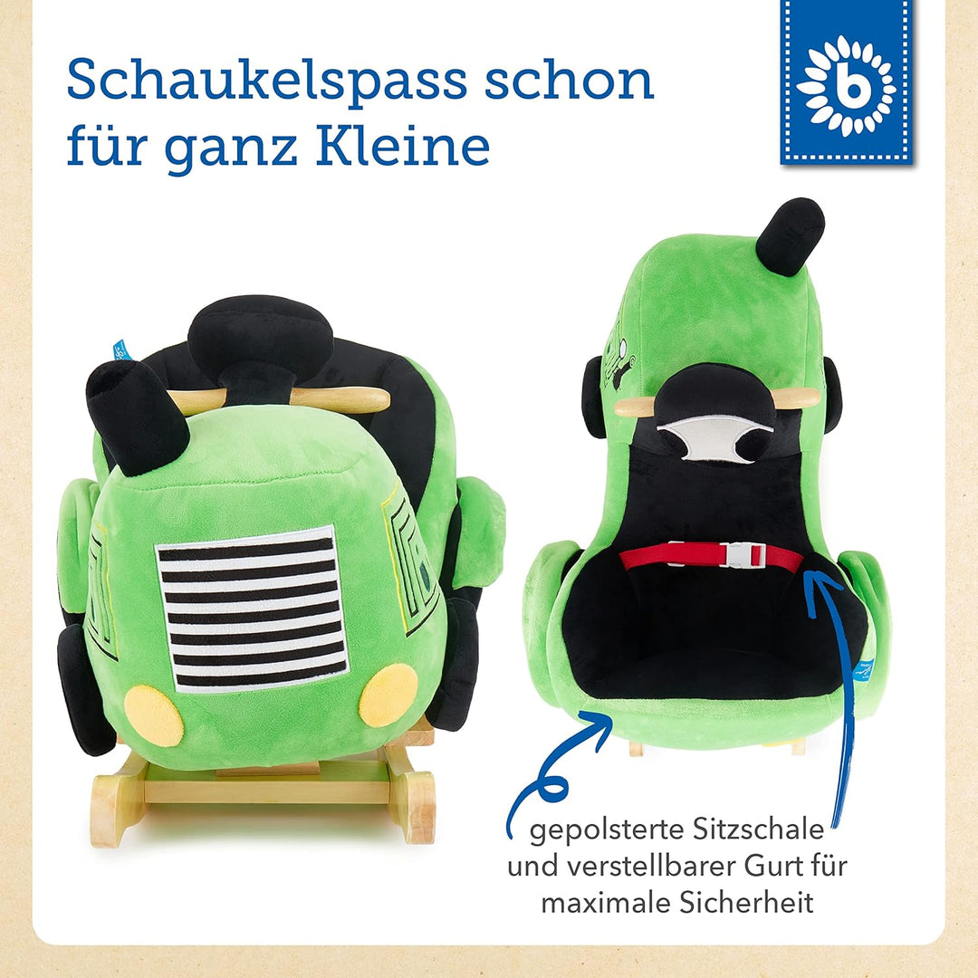 Bieco Plüsch Schaukeltier Traktor 60 cm | Kinder Schaukelstuhl mit Sicherheitsgurt | Baby Schaukel |