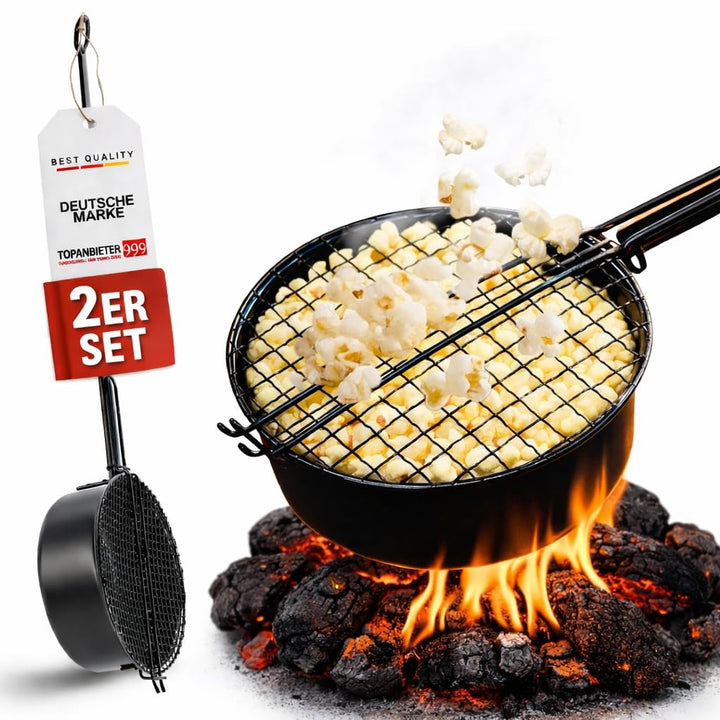 Popcorn Maker Lagerfeuer 2er Set Antihaft aus Carbonstahl-mit Sicherheitsgriff &amp; Gitterdeckel, Outdo