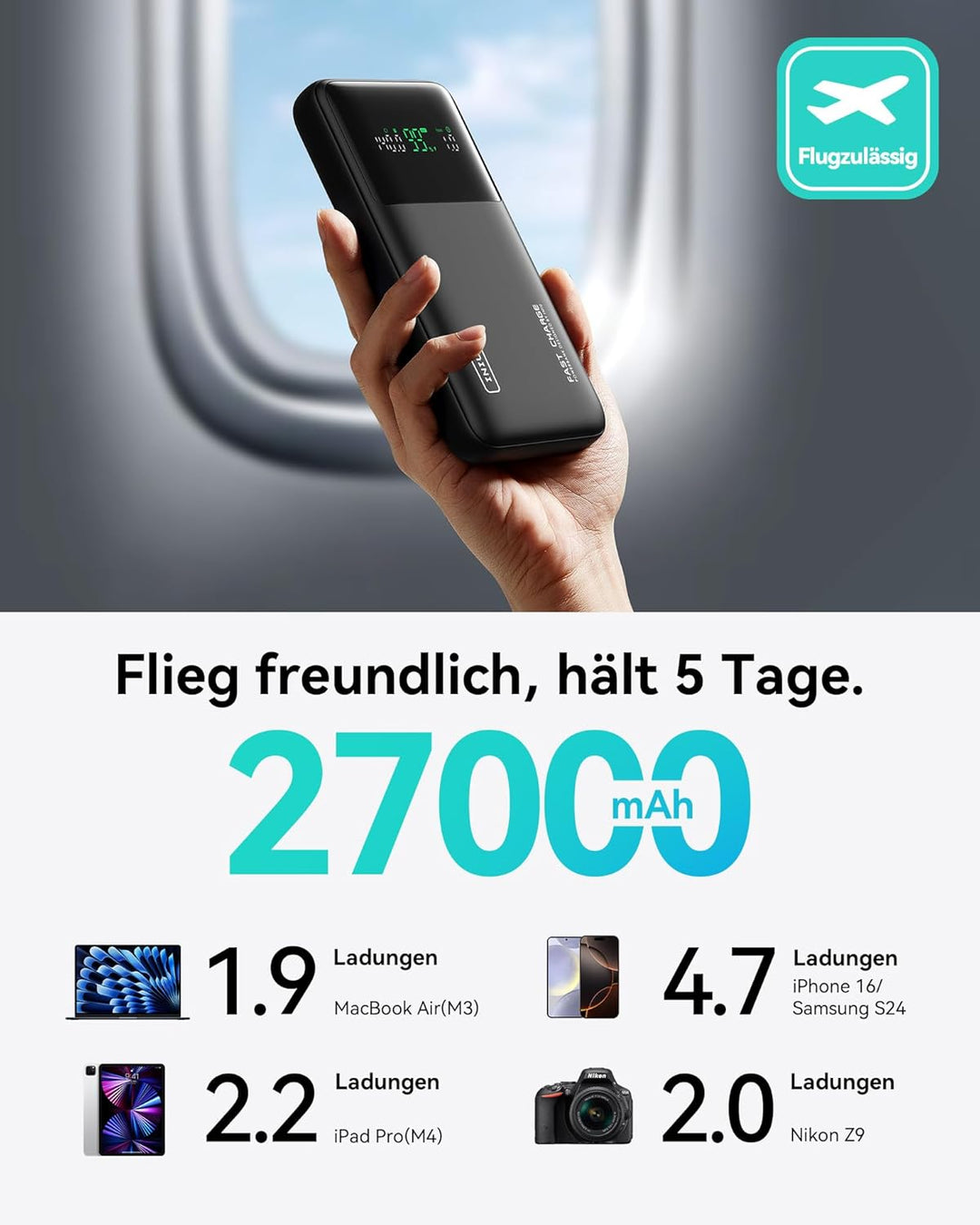 INIU Power Bank, 27000mAh 140W Power Bank Klein Aber Stark USB C Input & Output for Phone & Laptop,