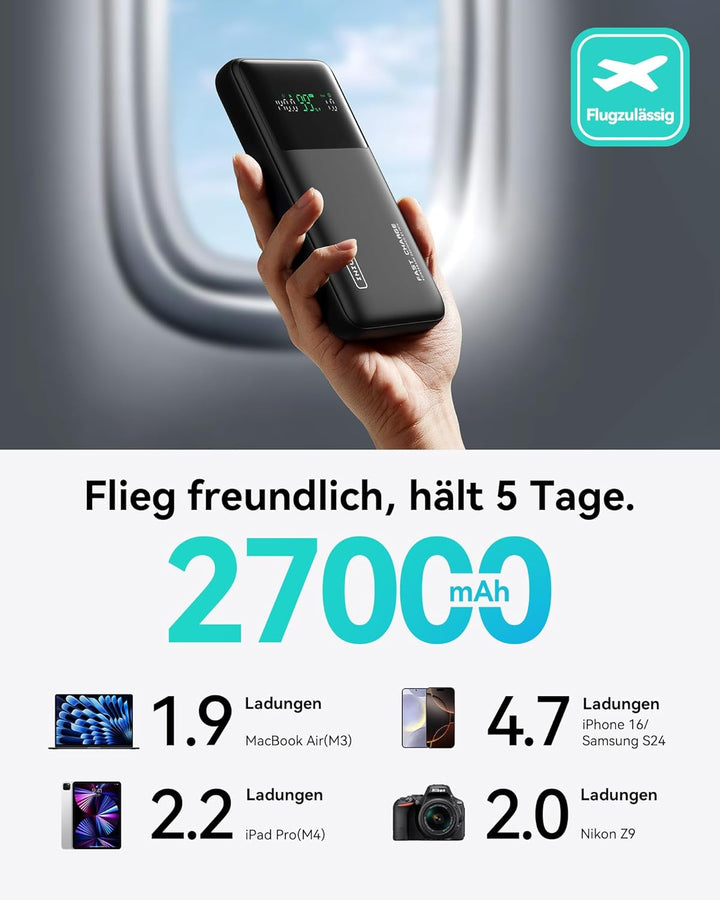 INIU Power Bank, 27000mAh 140W Power Bank Klein Aber Stark USB C Input & Output for Phone & Laptop,