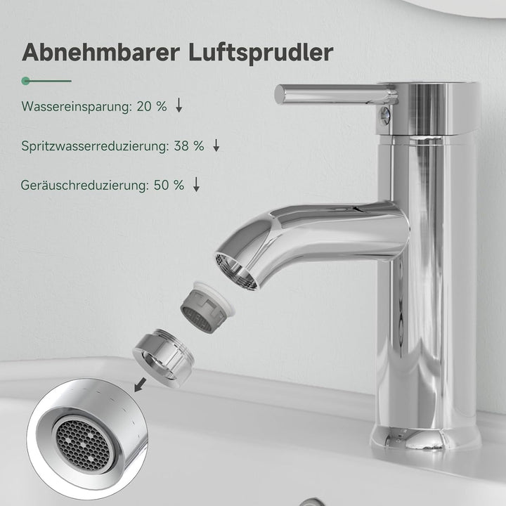 Waschtischarmatur Chrom, Wasserhahn Bad Einlochmontage, Messing Einhebelmischer Waschbecken Warm- un