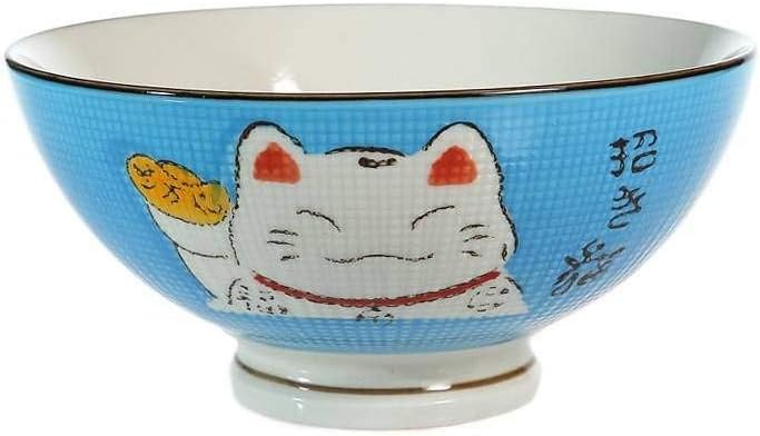 lachineuse 2 Porzellan Suppen- oder Ramenschalen - Katzenmuster Maneki Neko, Blau Blau / Weiss, Blau