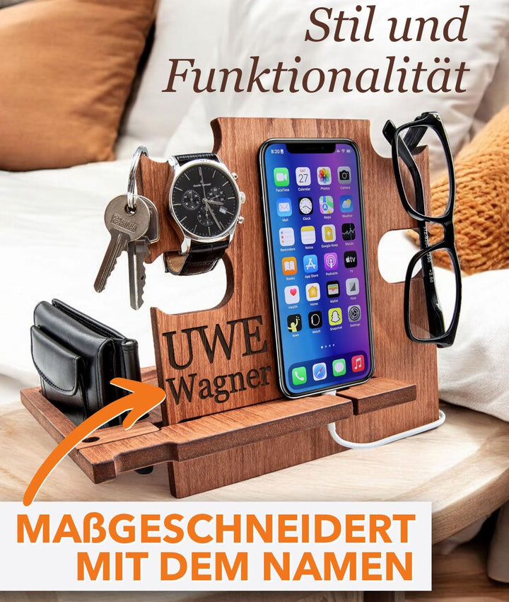 Personalisierte Docking Station aus Holz – Geschenk zum Geburtstag für Männer – Handyhalterung & Org
