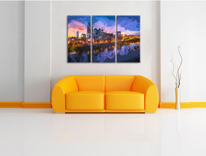 Pixxprint Nashville Skyline Panorama Kunst Pinsel Effekt 3-Teiler Leinwandbild 120x80 Bild auf Leinw