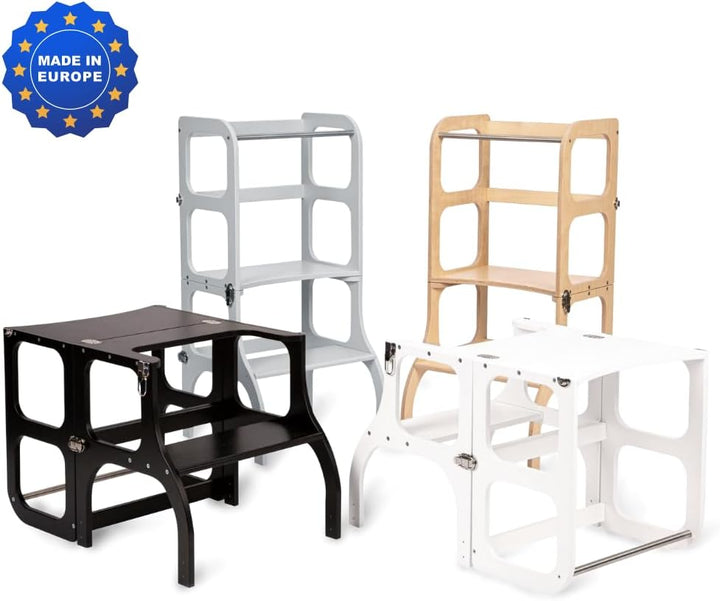 Ette Tete STEP'n'SIT® • Wandelbare Montessori Lernturm + Tisch, 2 in 1 (mit Silberverschlüssen, Schw