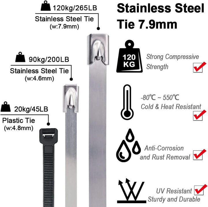 Edelstahl Kabelbinder Lang 500*7.9mm, Silber Kabelbinder Metall Rostfrei Selbstsichernde Edelstahlbi