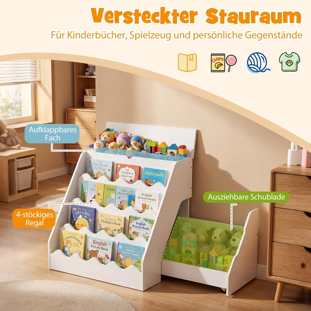 COSTWAY 4 stufiges Kinder Bücherregal, Kinderregal mit aufklappbaren Fach & Schublade auf Rollen, Sp