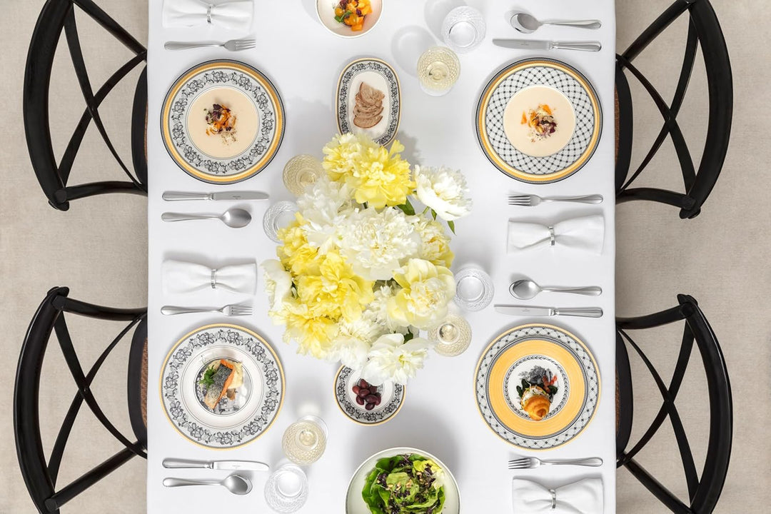 Villeroy und Boch Audun Chasse Suppenteller, 24 cm, Premium Porzellan, Weiss/Grau/Gelb 24 cm Landhau