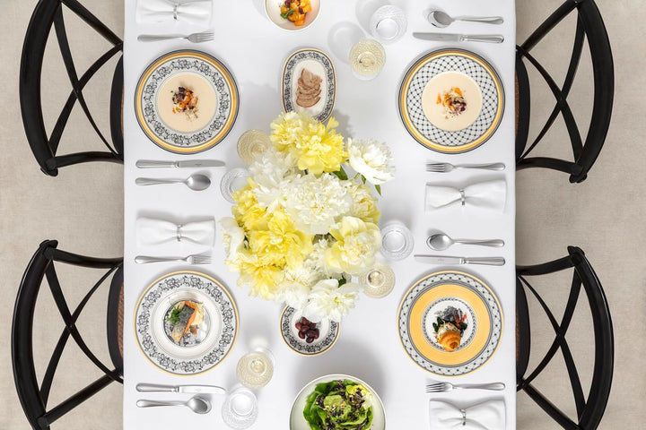 Villeroy und Boch Audun Chasse Suppenteller, 24 cm, Premium Porzellan, Weiss/Grau/Gelb 24 cm Landhau