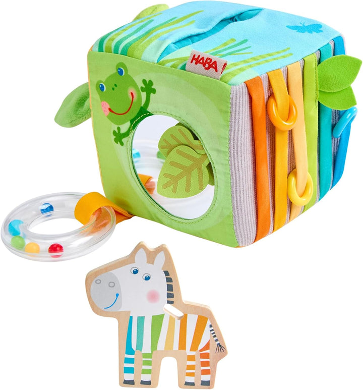 HABA Entdeckerwürfel Zebra – Baby-Sensorik-Würfel mit abnehmbarem Holz-Zebra & Spieleffekten – Babys
