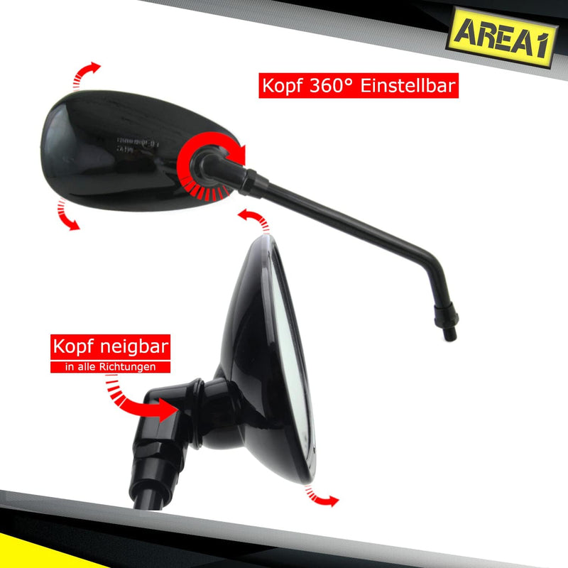 Area1 Motorradspiegel Oval Schwarz glänzend Custom Retro Vintage Chopper Motorrad Rückspiegel Set E