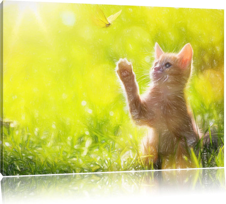 Pixxprint Kätzchen jagt Schmetterling Kunst Buntstift Effekt, Format: 100x70 auf Leinwand, 100x70