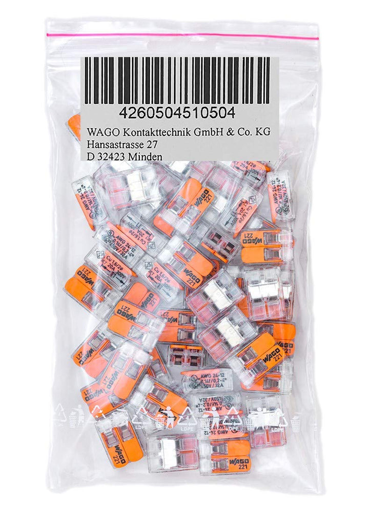 WAGO 50 Stück 221-412 Verbindungsklemme, 2-adrig, mit Hebel, 0,2-4qmm kleine Form, transparent 1 2 F